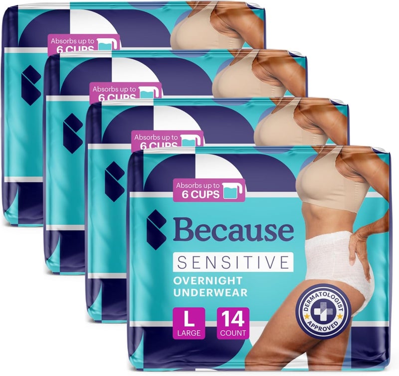 because Adult Incontinence Underwear for Sensitive Skin - Women - Premium Overnight Disposable Briefs, Anti Odor - White, Large - Absorbs 6 Cups - 56 Count (4 Packs of 14) - Image 2